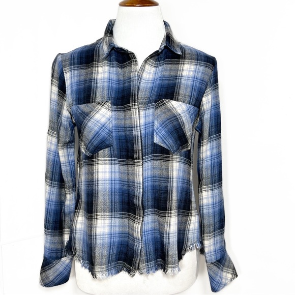 Anthropologie Blue Plaid High Low Fringe Hem Roll Sleeve Buttondown Shirt - Picture 2 of 12